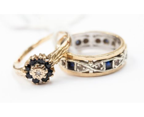 Two 9ct gold rings, sapphire and diamond eternity and a sapphire and diamond cluster ring. (2)