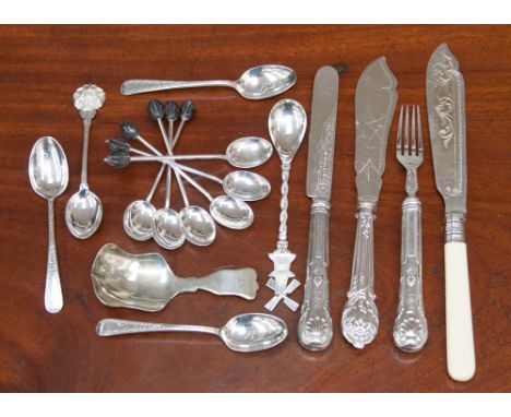 A collection of silver to include a set of six coffee bean spoons, a George Unite, Birmingham 1868 knife and fork set, three 