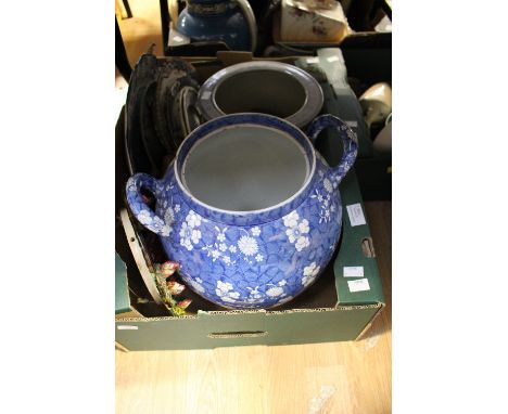 A box of ceramics including jardinieres, plates, Wade Whimsies, a box containing Victorian glass tavern rummer, Smith's Enfie