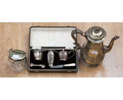A boxed silver cruet set, having original Bristol Blue liners, with a silver handled button hook, on embossed EPNS coffee pot