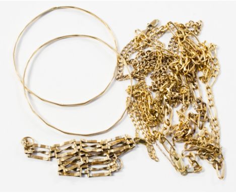 A yellow metal three bar gate bracelet, stamped '9k', together with four 9ct gold necklaces and a fine link necklace and two 