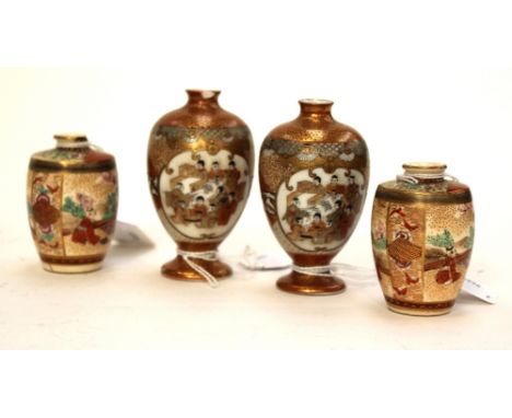 A pair of Meiji period miniature ceramic vases, together with a further pair of baluster vases, all hand painted. (4) (sd)