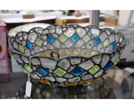 A circa 1920's hanging coloured glass leaded lamp shade with chain.