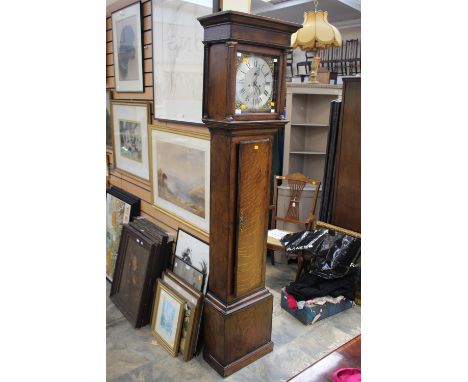 A George III oak cased eight day longcase clock, by James Hine, circa 1800, the hood enclosing a silvered chapter dial with b