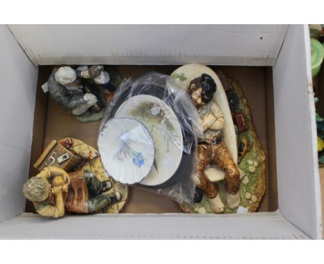 Two Naturecraft - hand painted figurative groups, circa 1970's, a Shelley 'Iris' pattern soap dish, a Studio ceramic B Garner
