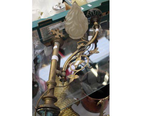a mid 19th century church lighting fixture, brass with Pugin style cross decoration and frosted globe, conical frame shape. (