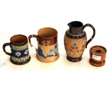 A Doulton Lambeth England treacle glaze jug, Willow pattern, together with a Royal Doulton glazed mug, a Royal Doulton jug an