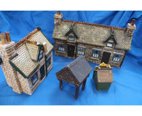 A group of four buildings, ceramic and wood, approx G scale, from an outdoor model railway (4)