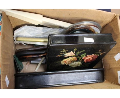 A lacquer ware glove box and matching trinket box, with a hand painted parasol, five fans and assorted dressing table mirrors