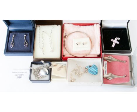 A silver drop earrings with Blue John stones, a silver cross with pink tourmaline type stones; silver bangle; a silver purse 
