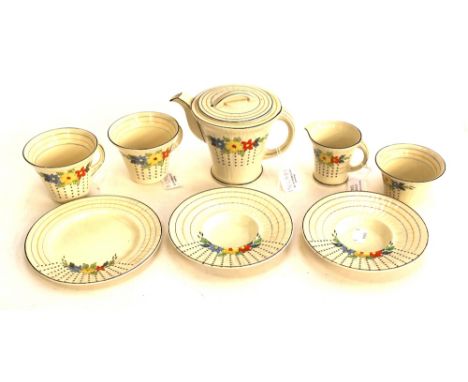 A Burleigh Ware two person part tea set, dated 1936, Reg 909988, comprising tea pot, milk, sugar, two tea cups and saucers, o