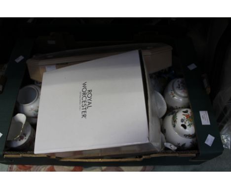 A box of various small Limoges ornaments, display cabinet, crested china, Derby, Royal Worcester 'Lady with Fan', etc.