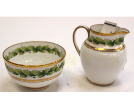 A Copeland Spode Neo Classical style porcelain miniature jug and bowl, enamelled in green with vine leaves before gilt banded