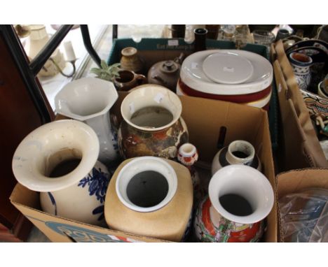 Three boxes of assorted ceramics including Oriental vases, terracotta items, plates, Mendora sherry ceramic keg, etc.