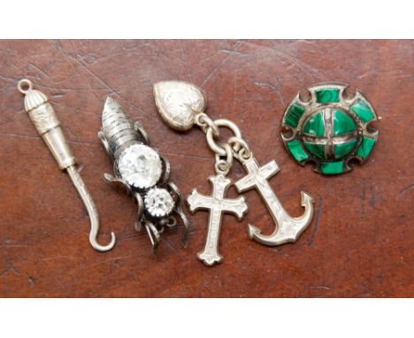A diamante Beetle brooch, Birmingham 1896 and a Faith, Hope and Charity charm trio 1895/6 Birmingham and a small button hook 