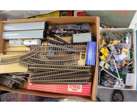 Hornby Dublo 2-6-4T two rail, stock and a box of scenery, unboxed and an ES6 colour light in box, two controllers, Matchbox 1
