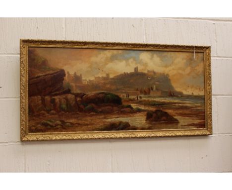 Thain, William, seascape with figures scouring rockpools foreground, oils on board, signed, framed