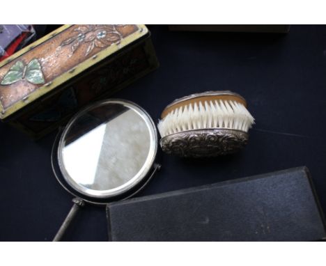 A quantity of silver plated flatware, together with a Birmingham silver brush set and a shoe horn and button hook with silver