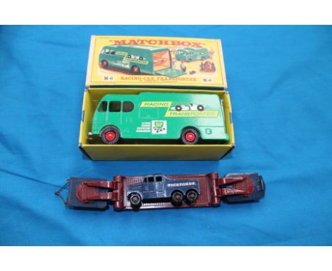 Matchbox M6 Racing Car transporter, boxed, and unboxed Pickfords Scammell tractor and trailer.