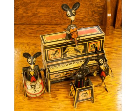 A 1931 Marx Merrymakers Mouse Band, made in Dudley, England. Clockwork mechanism drives add on figures of drummer, piano play