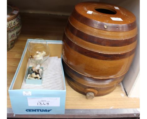 A stoneware barrel, Wade animal figures including Lady and the Tramp and a brandy glass with cat and mouse.