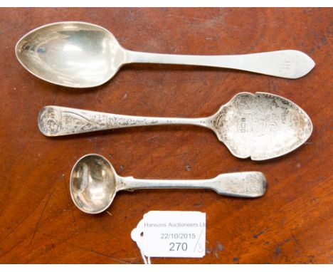 A George III silver condiment spoon, London 1820, a George V silver teaspoon, Sheffield 1911 and an Edwardian jam spoon, Birm