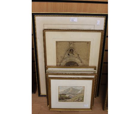 Five assorted watercolour landscape studies and a pencil sketch signed 'G.Moreland', framed, (6)
