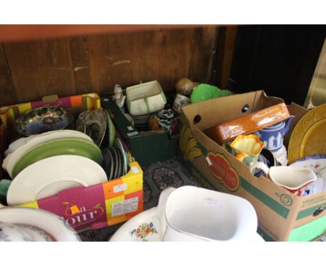 Four boxes of ceramics to include Majolica, Maling, Wedgwood jasperware, Carltonware lobster dish, jardinere, etc.