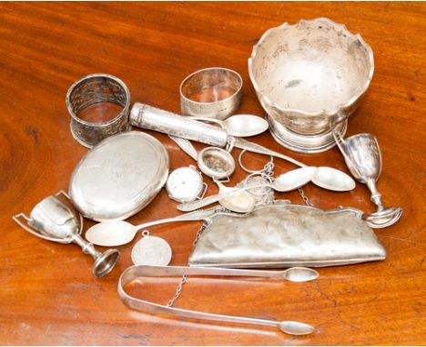 A quantity of silver including five teaspoons, Sheffield, Robert Pringle & Sons 1902, silver cased watch head, tobacco box, s