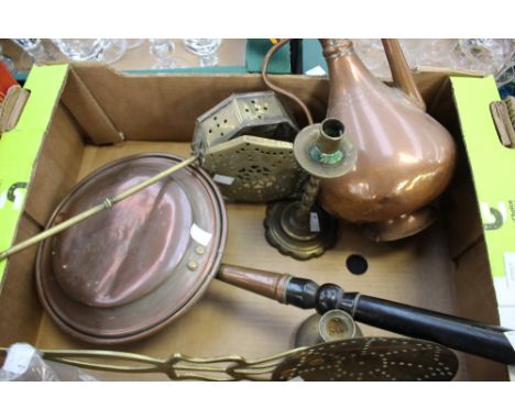 An unusual North African (Arabian) coffee pot, dated and signed 1833, together with a warming pan, (both copper), chestnut ro