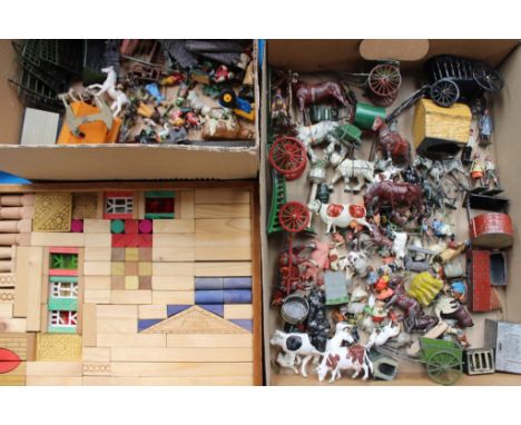 A large quantity of Britains farmyard items to include figures, horses, wagons, also figures by Elastolin and a Victorian sty