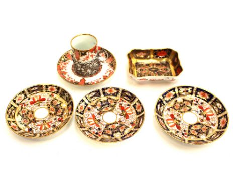 A Royal Crown Derby Imari 1128 pin tray, together with three Royal Crown Derby Imari 2451 coffee can saucers and a Royal Crow