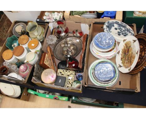 Three boxes of ceramics, glassware and metalwares, including Hornsea, storage jars, Copeland Spode hunting jug and plates, EP