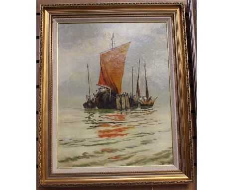 Wright, H (XIX), Mediterranean seascape with dhows and Arab fisherman, oil on canvas, signed and dated 1891 lower right, 68 c