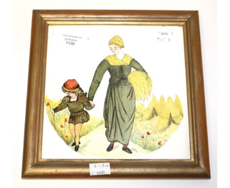 A circa 1890 Minton hand painted framed tile, Victorian scene gathering corn  