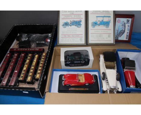 A tray of large scale diecast cars to include Jaguars, a tray of 00 scale coaches, track, etc.