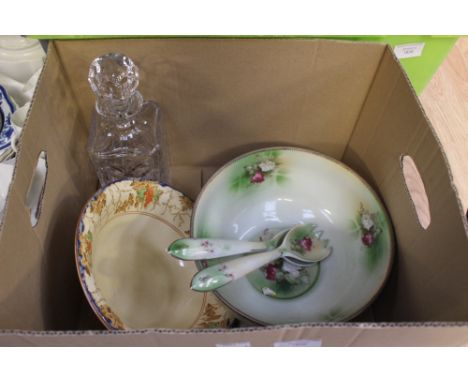 Two ceramic bowls with serving utensils and a glass decanter. (4)