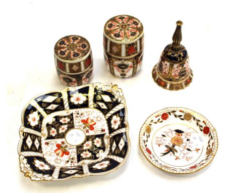 Royal Crown Derby cigarette barrel and cover (a/f), together with a matching lighter (a/f), a bell (Imari palette), a raised 