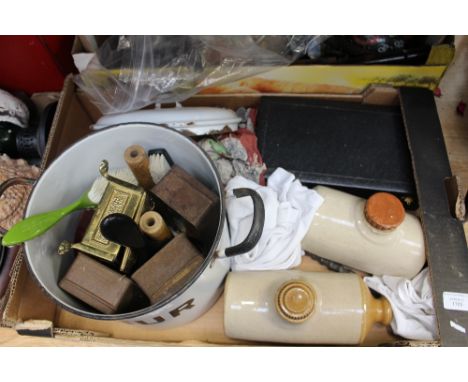 Enamelled bread bin, fire tongues, three vintage Gold Flake tins, Calibre cigarette lighter in crocodile pouch, ink stand and