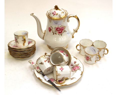 Royal Crown Derby 'Old Pinxton Roses' coffee set to include coffee pot, sugar bowl and cream jug, six cups and saucers and a 