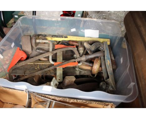 A box of miscellaneous hand tools including Stanley 50 plane with blades.
