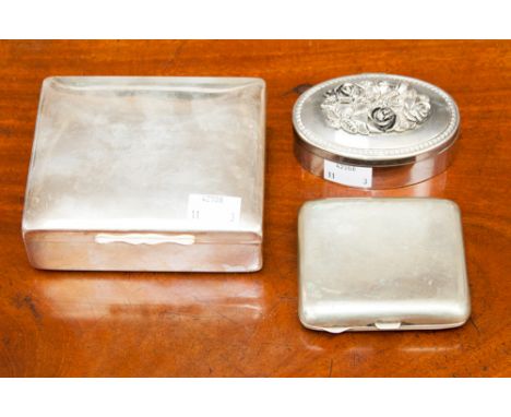 A silver plated square cigarette box, together with an EPNS cigarette case and a plated trinket box. (3)