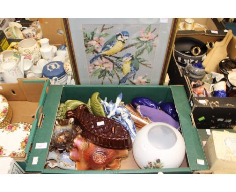 A collection of mixed ceramics, a tapestry, glass and onyx figures.
