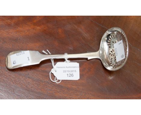 A Victorian English provincial silver sifter ladle, Exeter 1855, James and Josiah Williams, length 15cm weight 1.8 ozt / 56 g