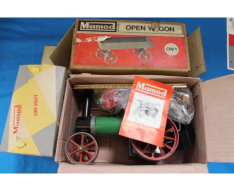 A Mamod live steam TE1A tractor, unboxed, OW1 open wagon and line shaft, both boxed.