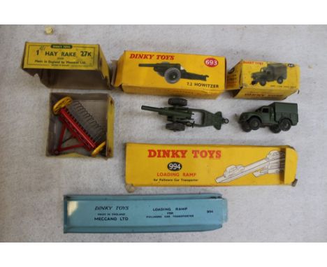 Dinky Toys 27K Hay Rake, 693 7.2 Howitzer, 641 Army 1 Ton truck and 994 loading tamp, all boxed, (boxes a.f.)