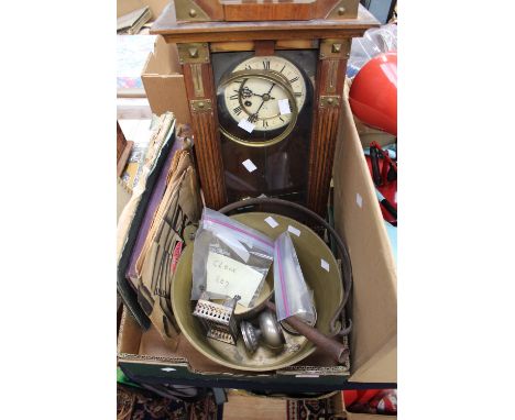 Wall clock, mantle clock, brassware, atlas and records 78's.