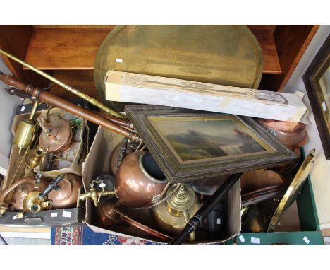 Three boxes of metalware to include copper warming pans, copper samovar, copper kettles, brass fireside items, brass chamber 
