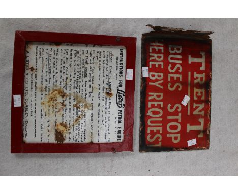 A 'Trent Buses Stop Here By Request' tinplate with enamel sign, with a framed metal sign, instructions for Lister petrol engi