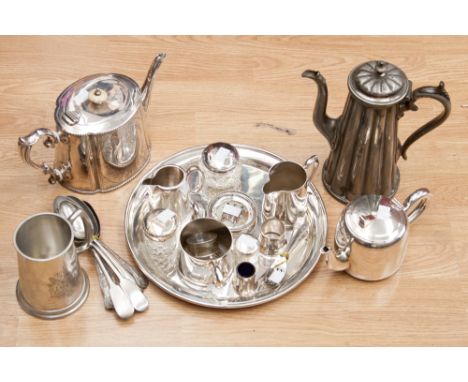 A Victorian oval plated teapot, plated 3 piece teaset on tray, set of six silver cake forks, trinket dish etc,